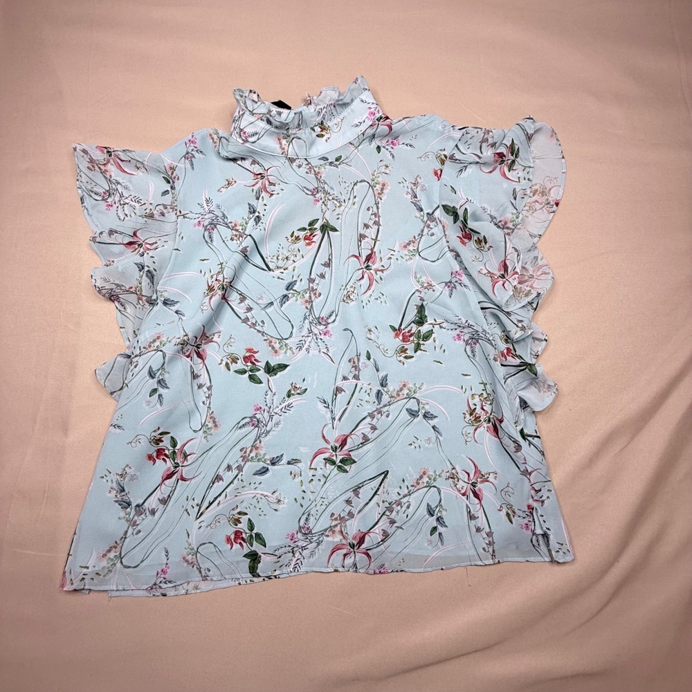 Bebe Floral Ruffle Sleeve High Neck Blouse Blue Cutout Back Size M